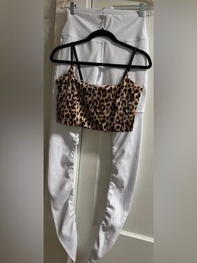 2 pc Victoria's Secret Leopard Satin Cami bralette/Alo White Leggings sz L